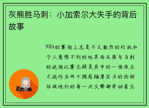 灰熊胜马刺:小加索尔大失手的背后故事